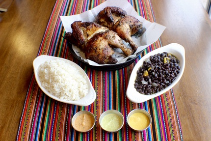 Pollo a la Brasa - Famous Peruvian chicken, slow roasted over charcoals in a specialty rotisserie oven. Served with your choice of two: fries, rice, salad and black beans. Larger portions come with an increasing variety of Peruvian dipping sauces. Comes in whole ($24.00), half ($15.00) or quarter ($7.50) sized portions.